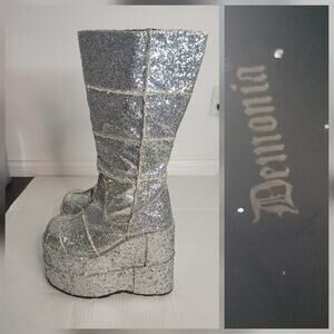 DEMONIA Stack-301 G Silver GLITTER Platform GO GO Punk Knee High BOOTS sz 12